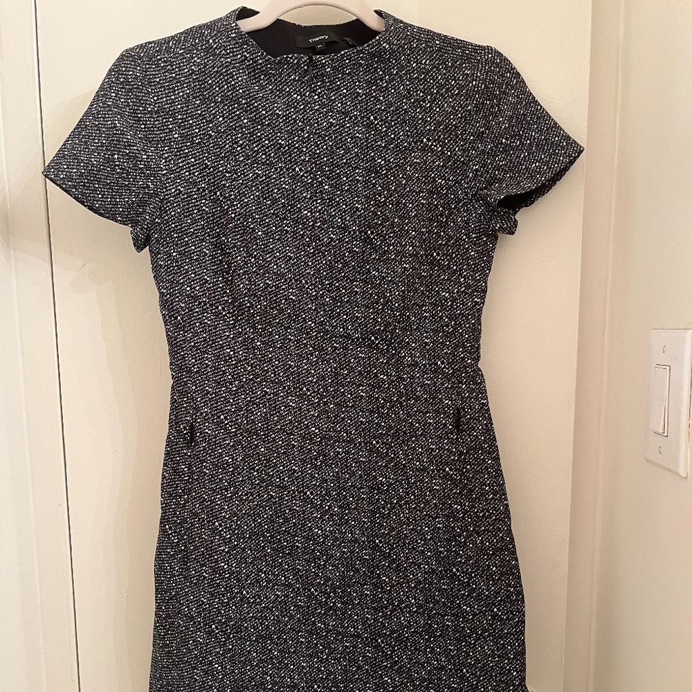 Black and white A-line Theory dress